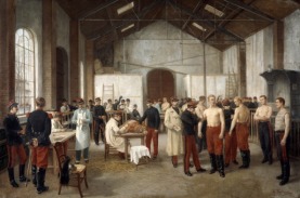 Vaccination: c1895. Alfred Touchemolin (1829-1907) French painter. French army recruits being vaccinated with Cowpox to protect them from the more virulent infection, Smallpox. Infection being transferred from the heifer lying on the table.